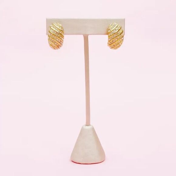 1980S gilt & crystal rhinestone chunky huggie hoop earrings by christian dior - Picture 9 of 11